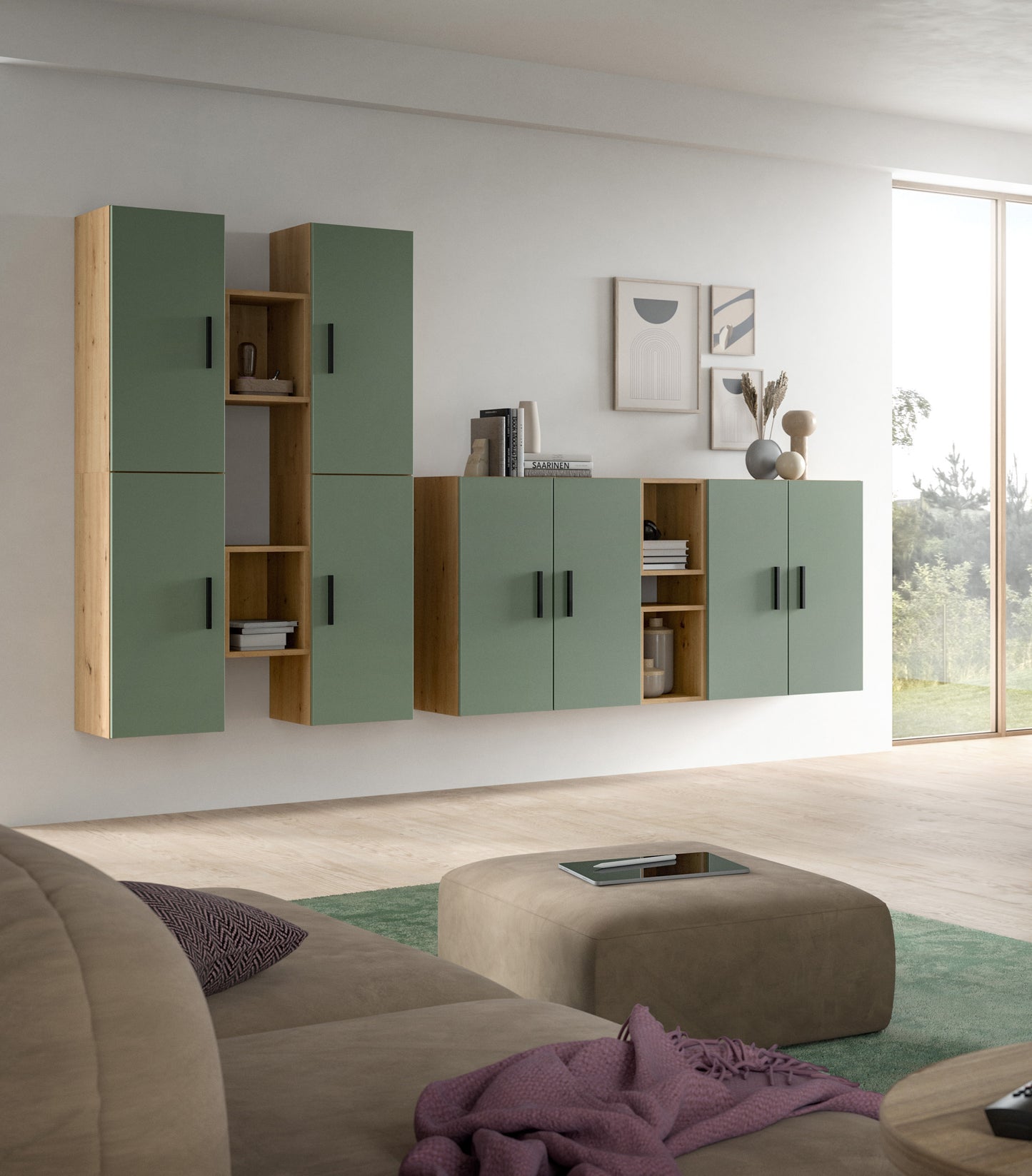 Meuble TV mural THE ONE (l/h/p : env. 270/182/34 cm) en imitation Chêne Artisan/Vert Fumé