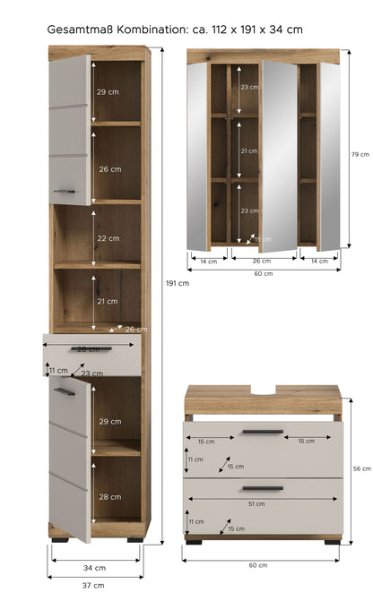 Badmöbel-Set mit hohem Hochschrank, Spiegelschrank und Waschtischunterschrank, Maße