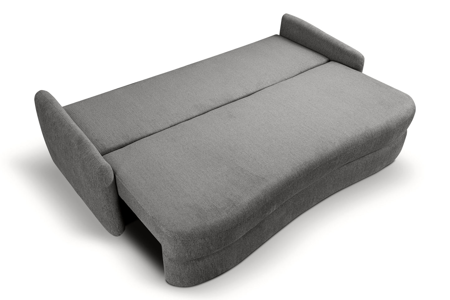 Schlafsofa, grauer Stoffbezug, ausgeklappte Liegefläche mit seitlichen Armlehnen