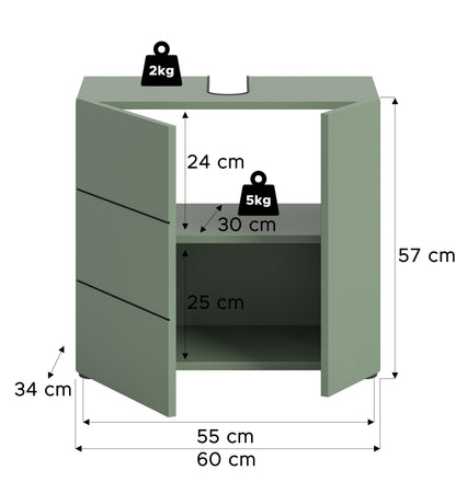 Waschbeckenunterschrank 60 cm breit, Maßeinteilung, offener Innenraum mit Schubladen