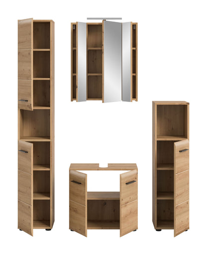 Badmöbel-Set in Holzoptik mit geöffnetem Spiegelschrank und seitlichen Fächern