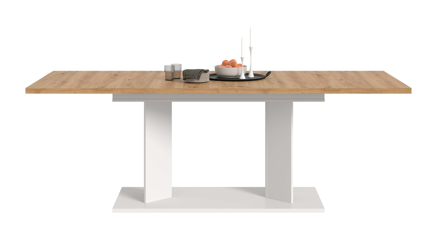Table de salle à manger GUSTAV (L/H/P : env. 220/76/100 cm) en blanc/imitation chêne Artisan