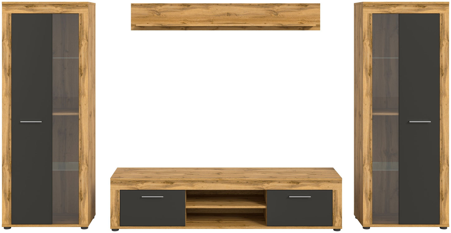 Ensemble meuble TV JAM (L/H/P : env. 310/159/40 cm) imitation chêne Wotan/gris