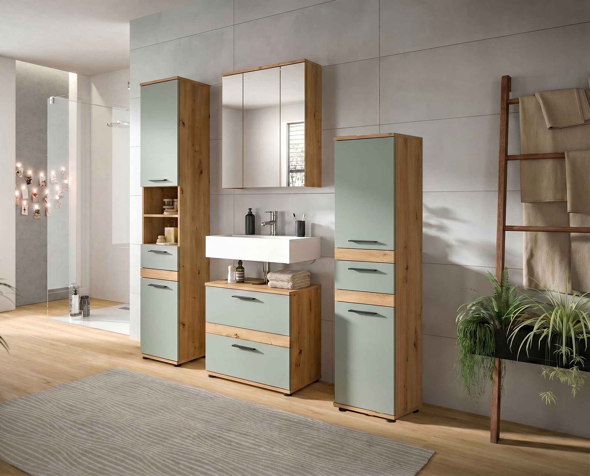 Badmöbel-Set mit Spiegelschrank und Waschtischmöbeln in Holzoptik und türkisfarben