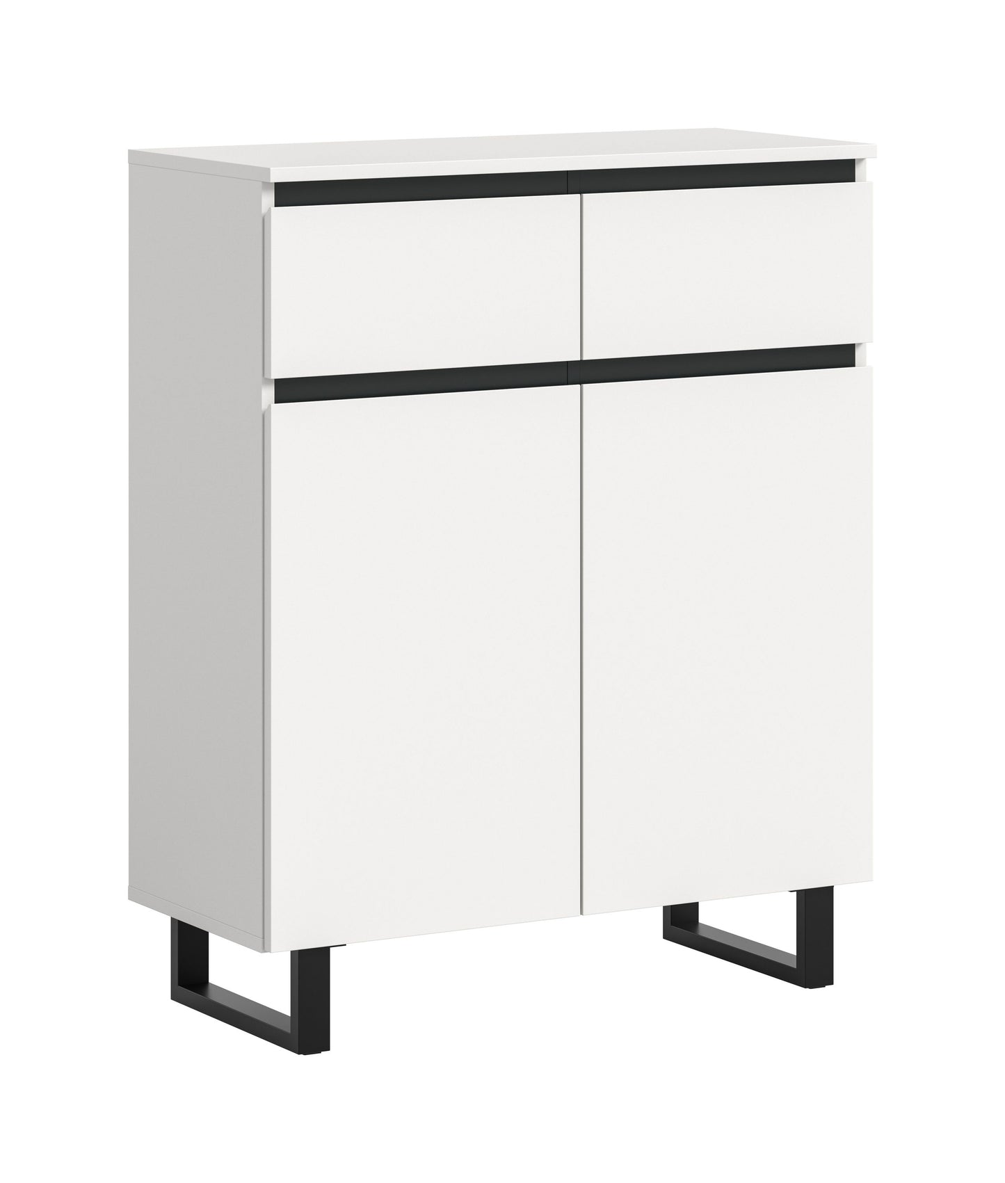 Kommode 80 cm weiß, zwei Türen und zwei Schubladen, schwarze Füße