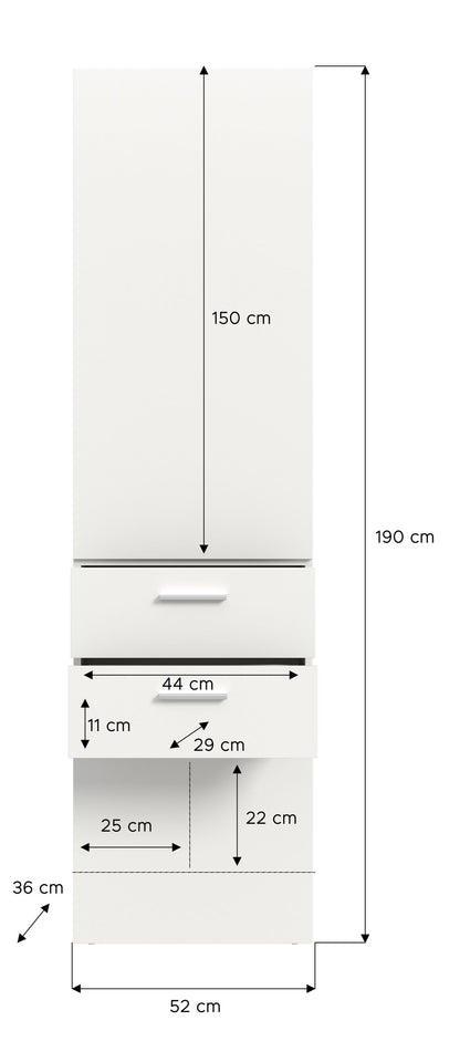 Kompaktgarderobe mit Maßangaben: 190 cm Höhe, 52 cm Breite, 44 cm Tiefe