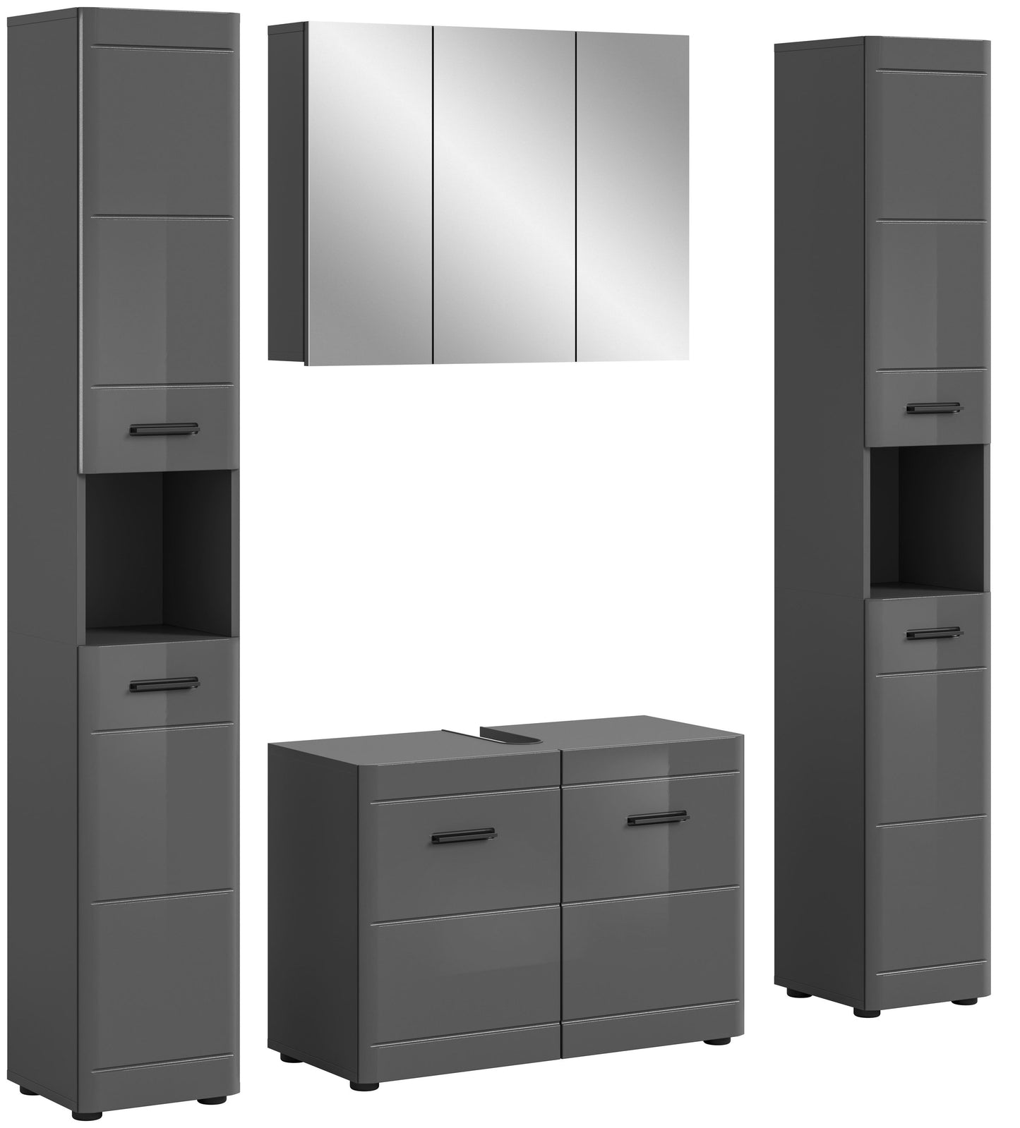Graues Hochglanz-Badmöbel-Set mit Spiegelschrank und Unterschrank mit zwei Schubladen