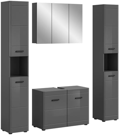 Graues Hochglanz-Badmöbel-Set mit Spiegelschrank und Unterschrank mit zwei Schubladen