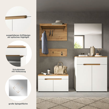 Garderobenset-Set mit Spiegel und Sitzbank; weißes Frontdesign mit Holzpaneelen