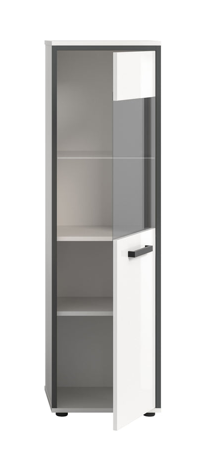 Bad-Hochschrank mit geöffneter Tür, Regalfächer innen, weißes Fach und graue Seiten