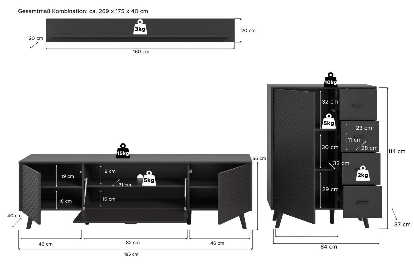 Homes & Jones Wohnwand Set 3-tlg. matt Grau, Lowboard für TV bis zu 70 Zoll