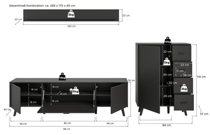 Homes & Jones Wohnwand Set 3-tlg. matt Grau, Lowboard für TV bis zu 70 Zoll