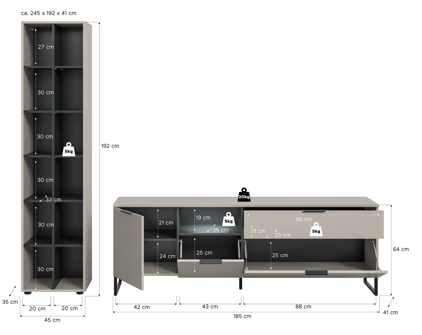 Wohnzimmerschrank-Set mit hohem Fächerschrank und Sideboard, Fronten hellgrau, Griffe