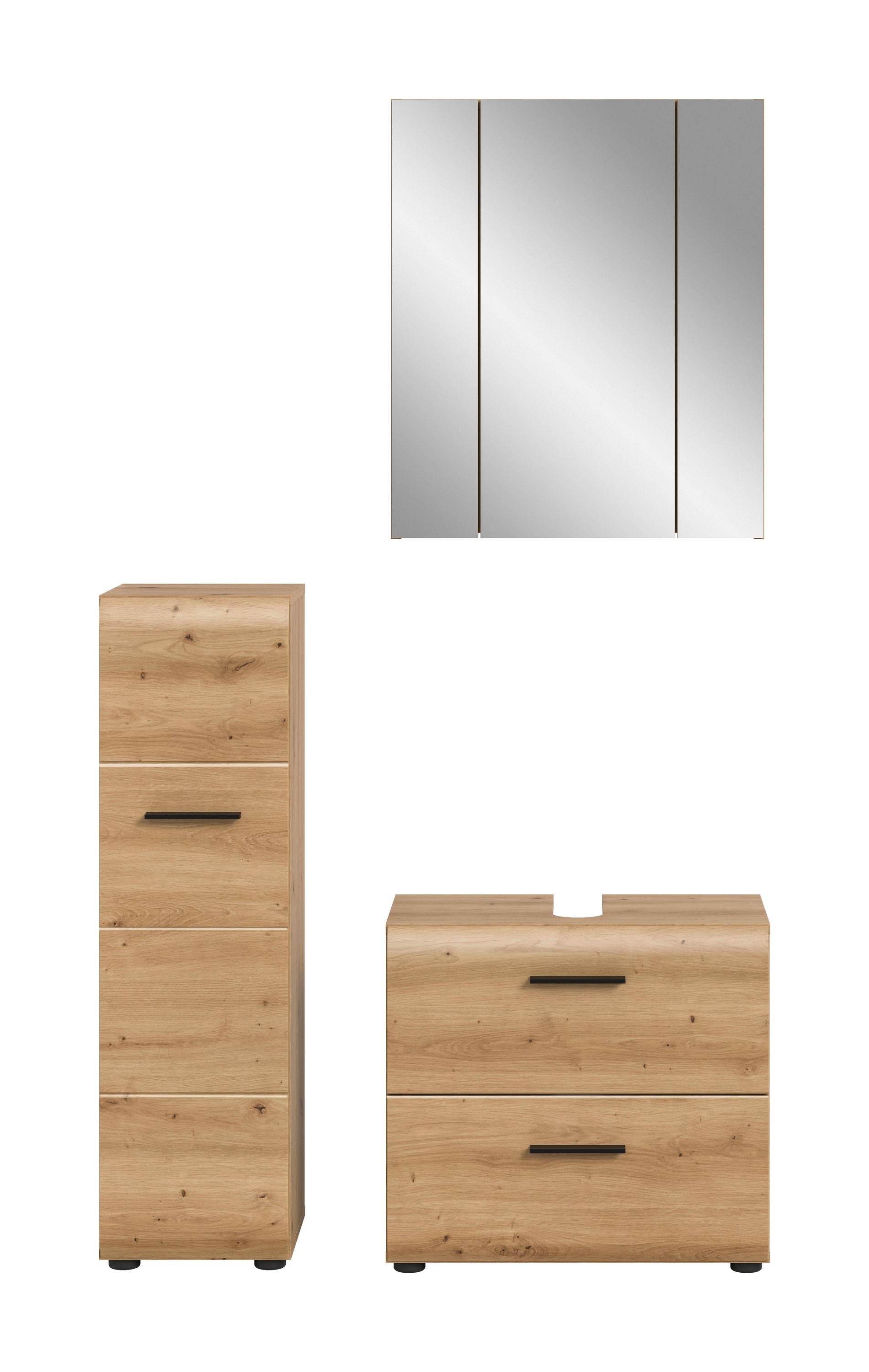 Badmöbel-Set aus hellem Holz mit Spiegel, Hochschrank und Waschkommode