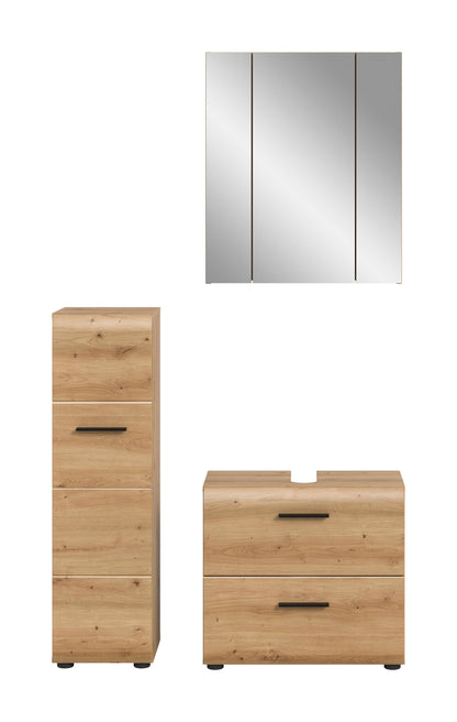 Badmöbel-Set aus hellem Holz mit Spiegel, Hochschrank und Waschkommode
