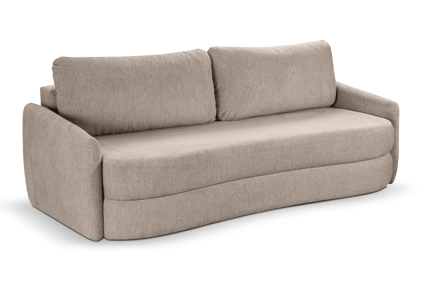 Schlafsofa mit Schlaffunktion, beiger Stoffbezug und zwei Rückenkissen