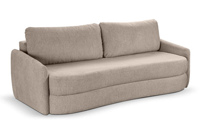 Schlafsofa mit Schlaffunktion, beiger Stoffbezug und zwei Rückenkissen