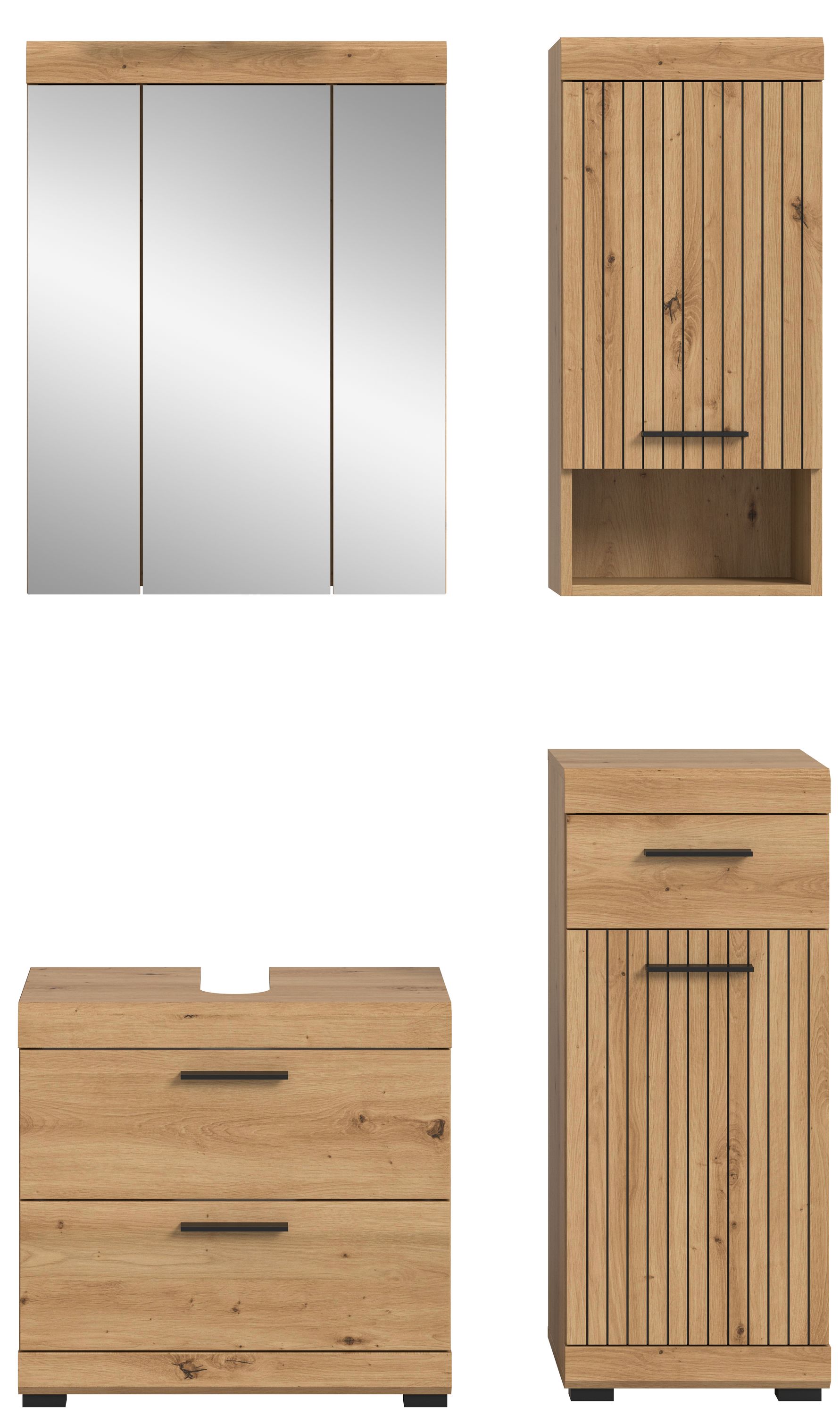 Badezimmerset im Holzdekor: Spiegelschrank, Waschtischkommode und Hochschrank