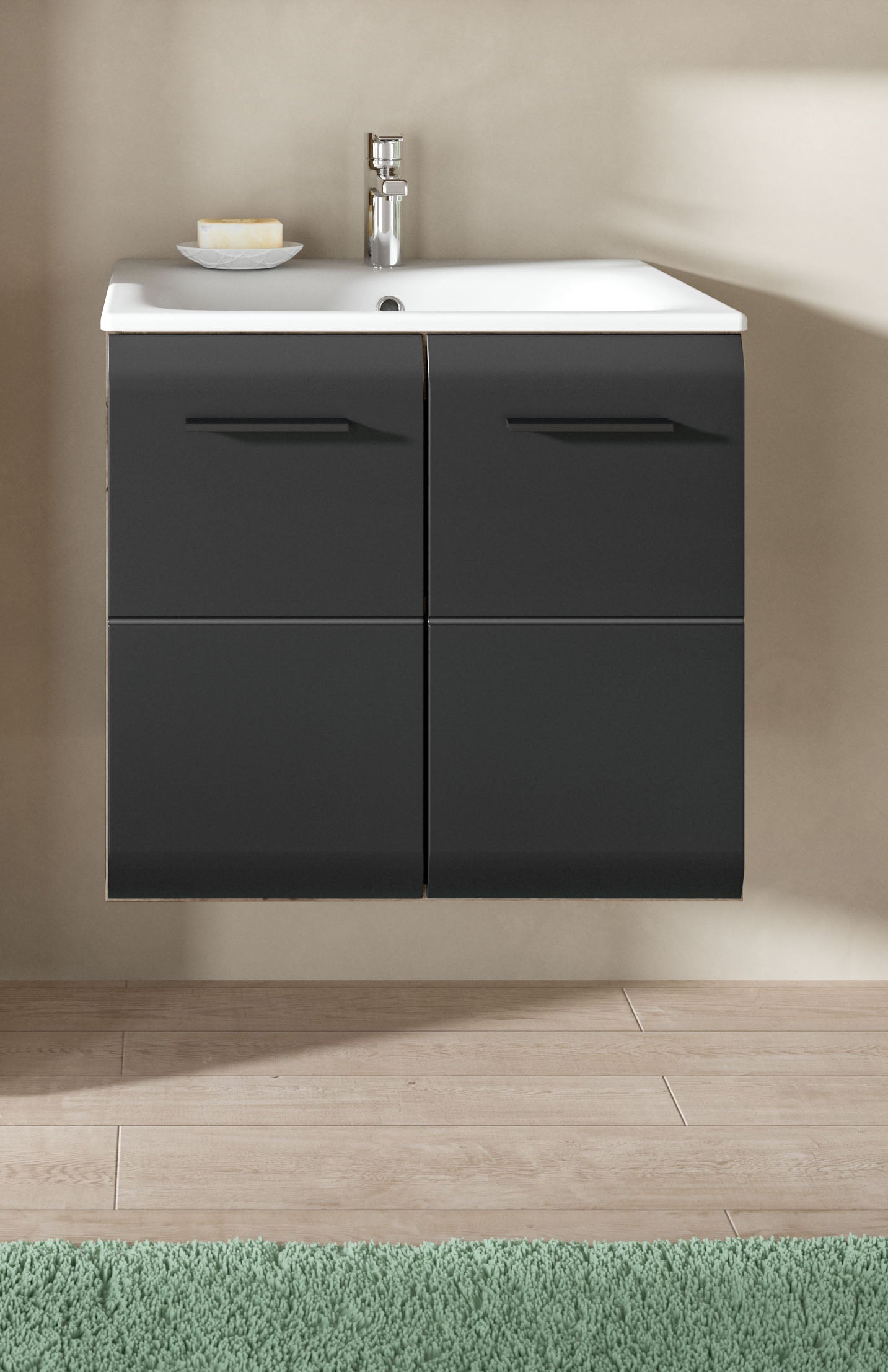 Meuble sous-vasque avec lavabo ICE (L/H/P : env. 60/55/46 cm) imitation chêne Nox/noir mat