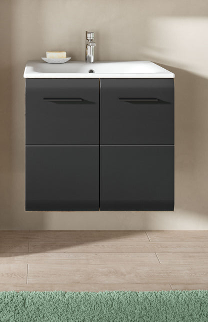 Meuble sous-vasque avec lavabo ICE (L/H/P : env. 60/55/46 cm) imitation chêne Nox/noir mat
