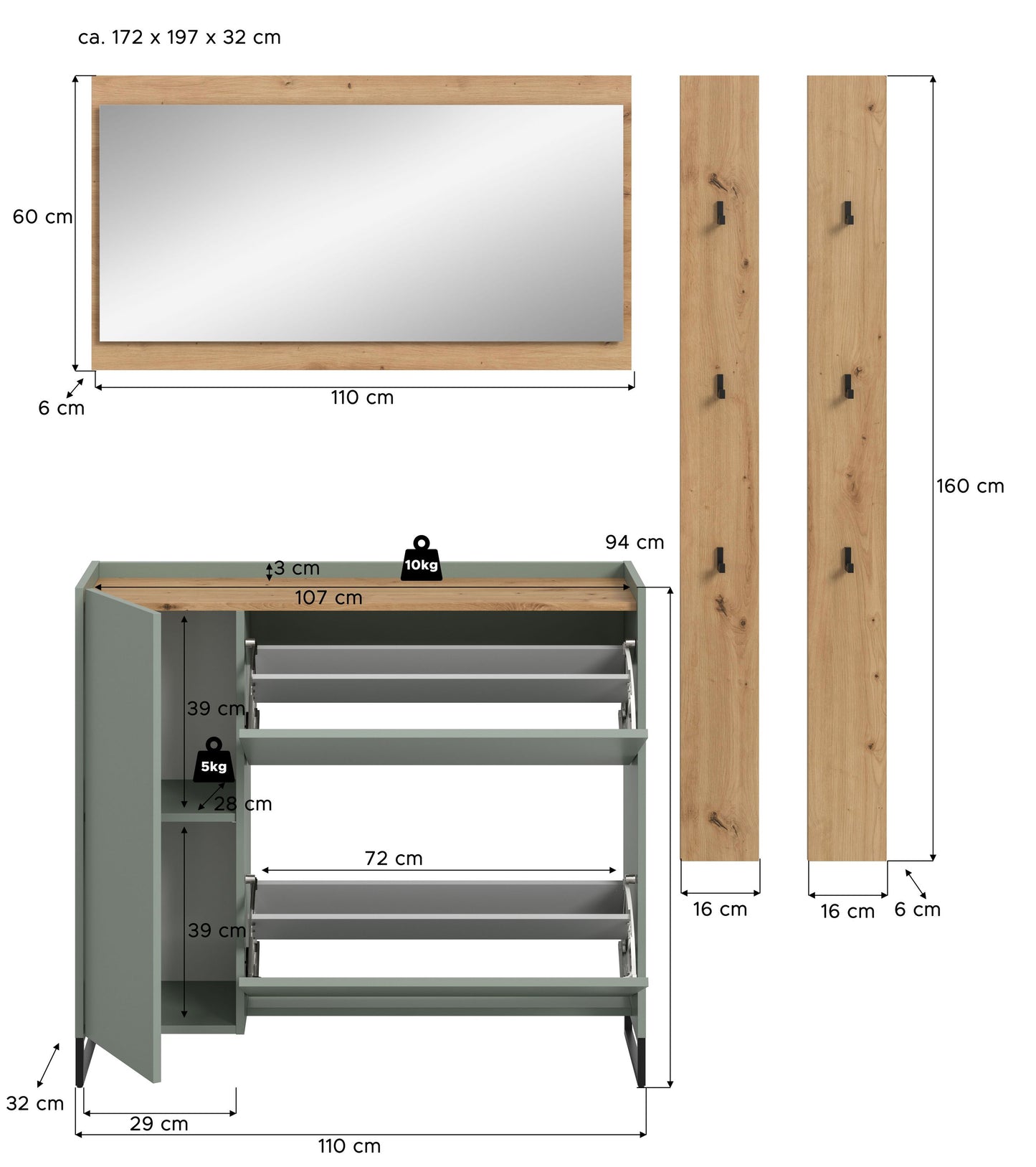 Homes & Jones Garderobe 4-tlg., Garderobenkomplettset, Dielenmöbel-Flurmöbel