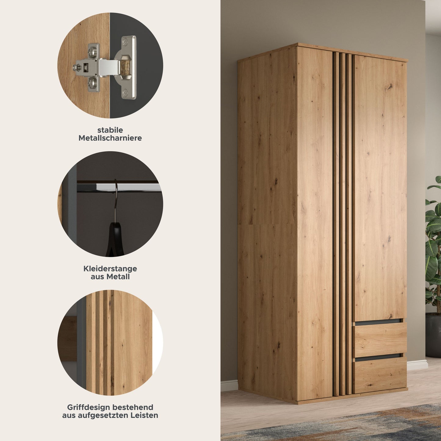 Homes & Jones Kleiderschrank 80 cm breit 2-türig, Schlafzimmerschrank