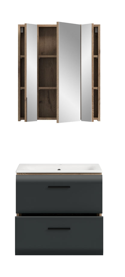 Offener Spiegelschrank und Waschtischunterschrank im Badmöbel-Set mit dunkelgrauer Front