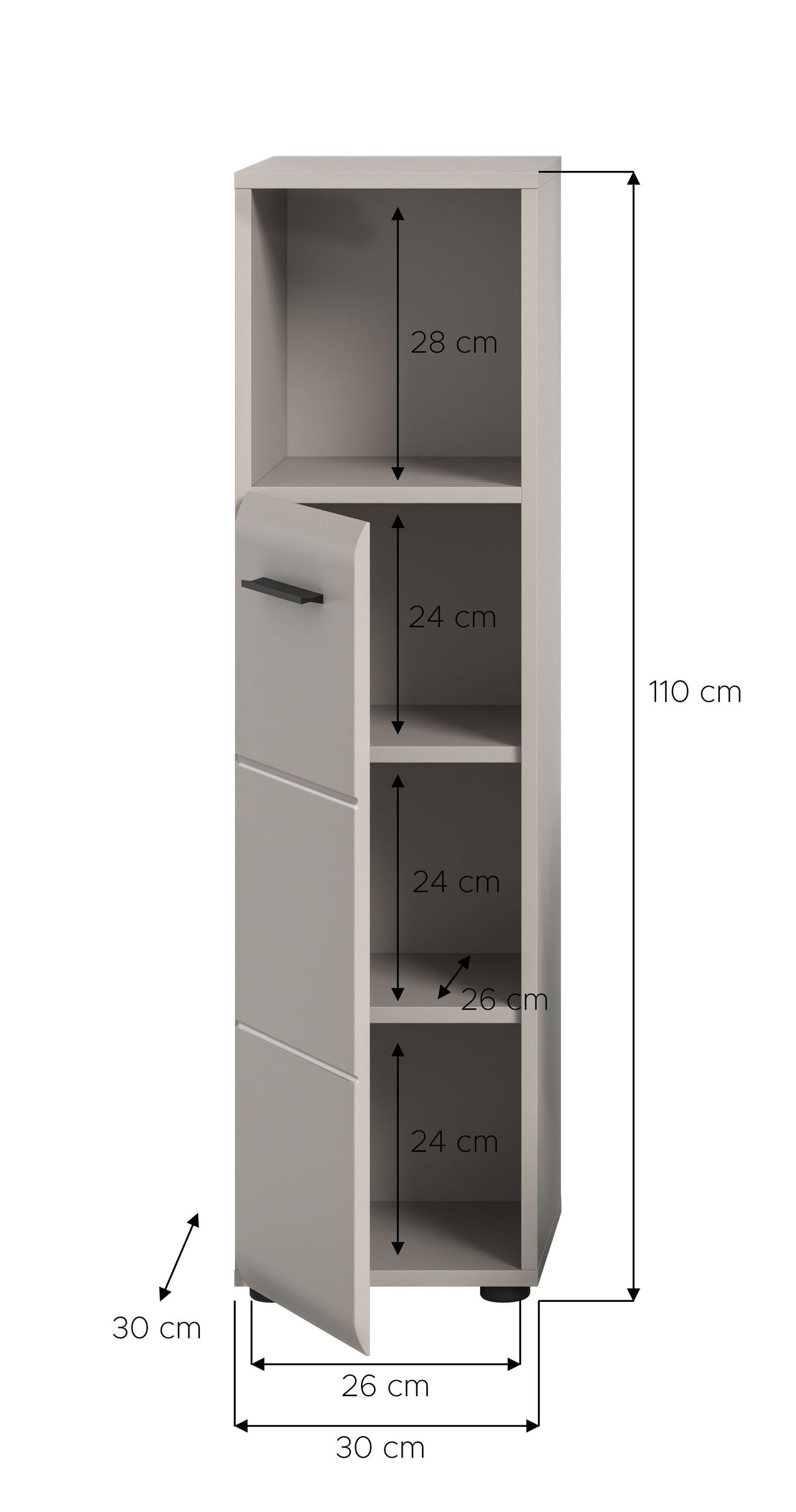 Schmaler Badezimmerschrank in Hellgrau mit offenen Fächern und Schublade unten
