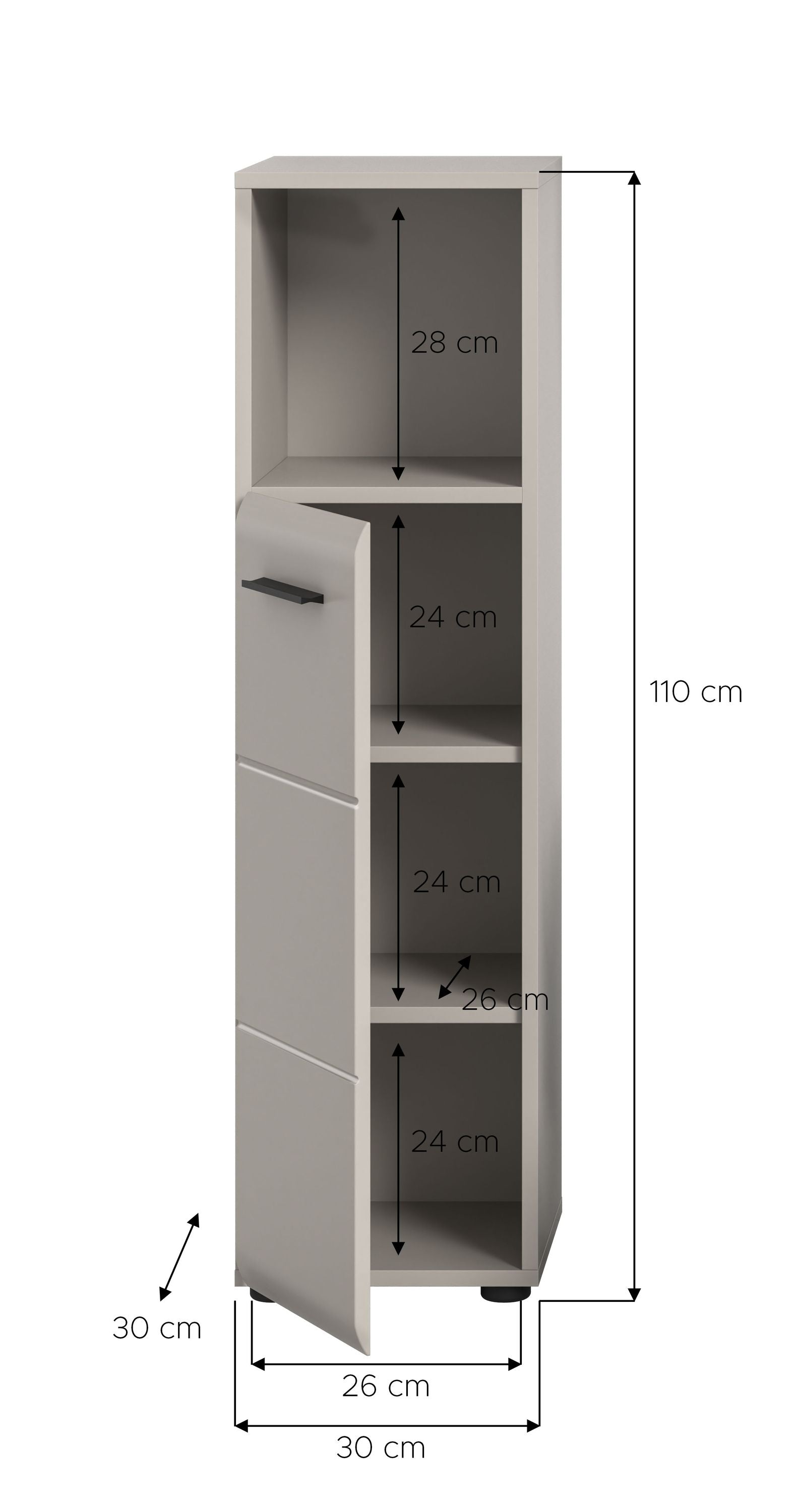 Schmaler Badezimmerschrank in Hellgrau mit offenen Fächern und Schublade unten