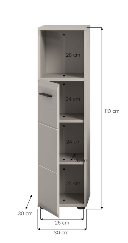 Schmaler Badezimmerschrank in Hellgrau mit offenen Fächern und Schublade unten
