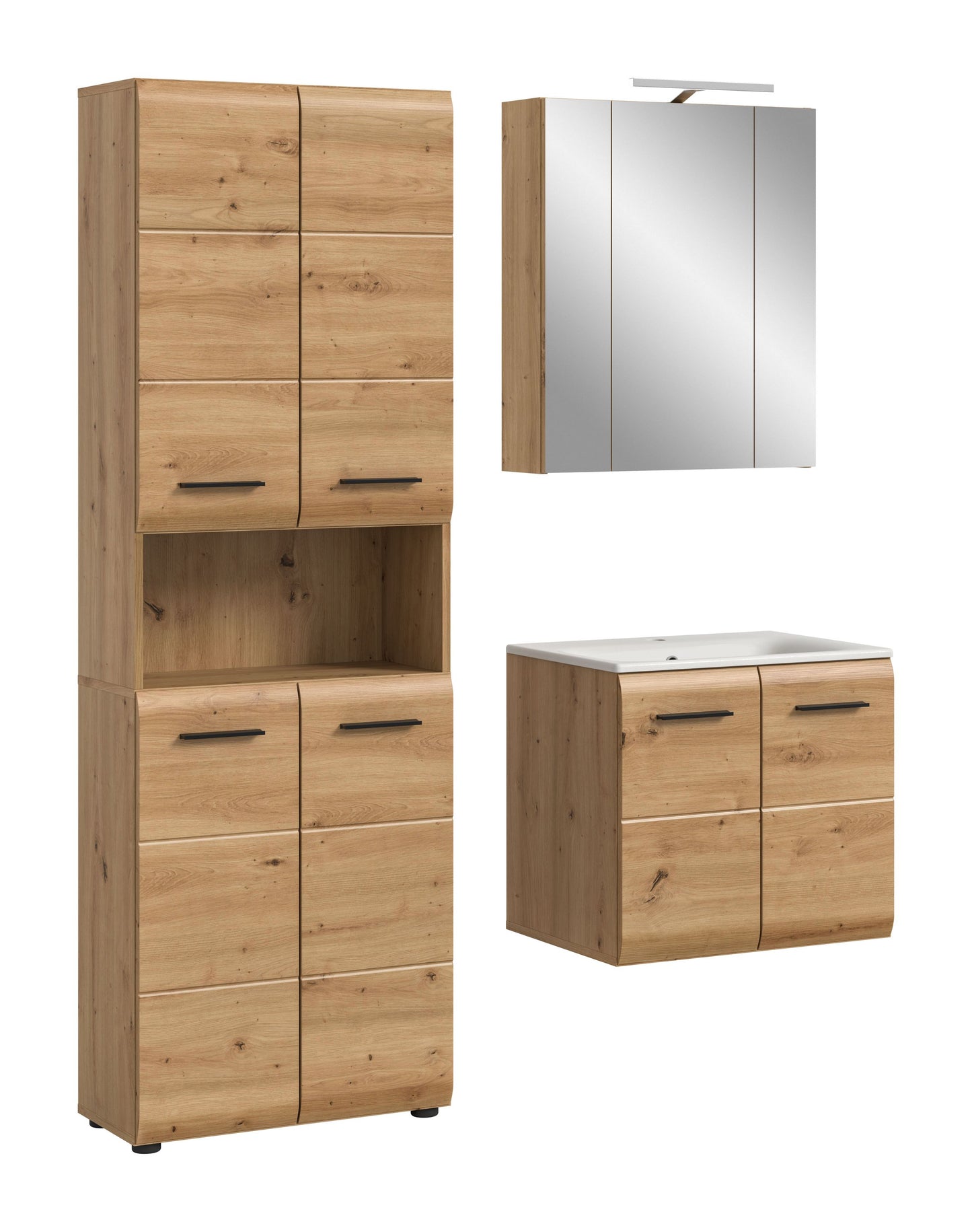 5-tlg. Badezimmermöbel-Set: hoher Spiegelschrank und Waschtisch in hellem Holzlook
