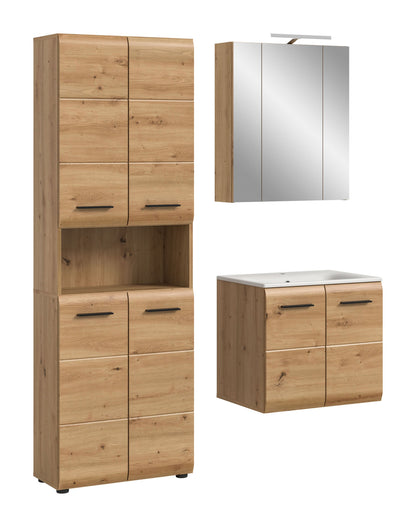 5-tlg. Badezimmermöbel-Set: hoher Spiegelschrank und Waschtisch in hellem Holzlook