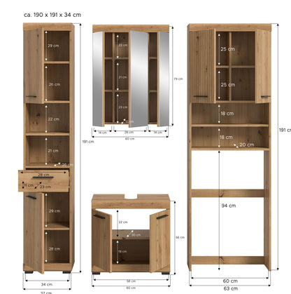 Badezimmerschrank-Set im Holzdekor mit Maßangaben: Hochschrank, Spiegelschrank, Unterschrank