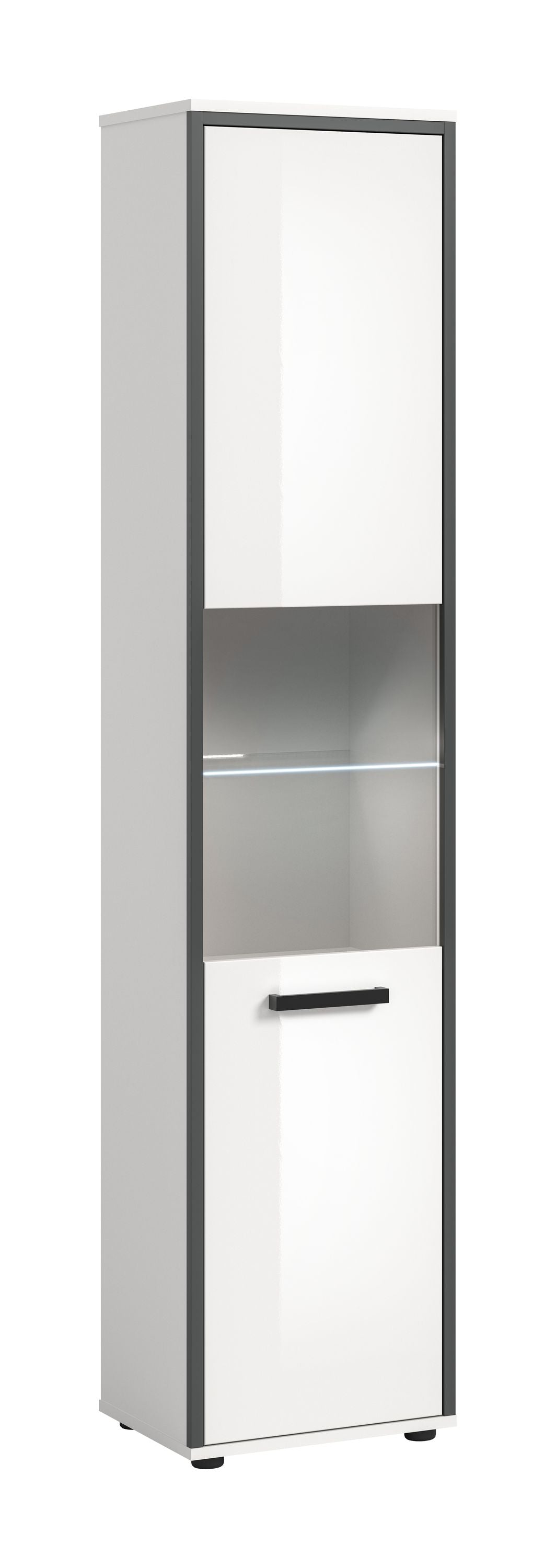Schmaler Badhochschrank in weißem Hochglanz mit Einlegeböden und Schublade