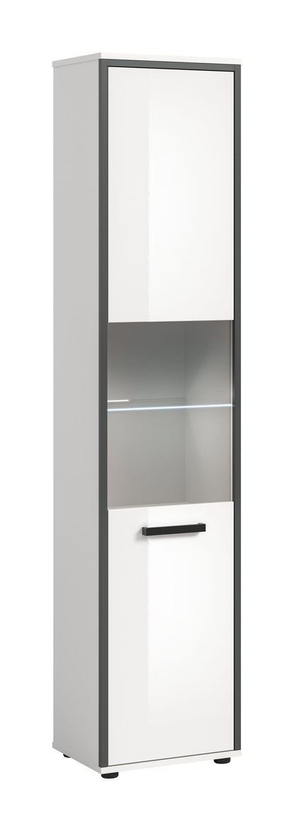 Schmaler Badhochschrank in weißem Hochglanz mit Einlegeböden und Schublade