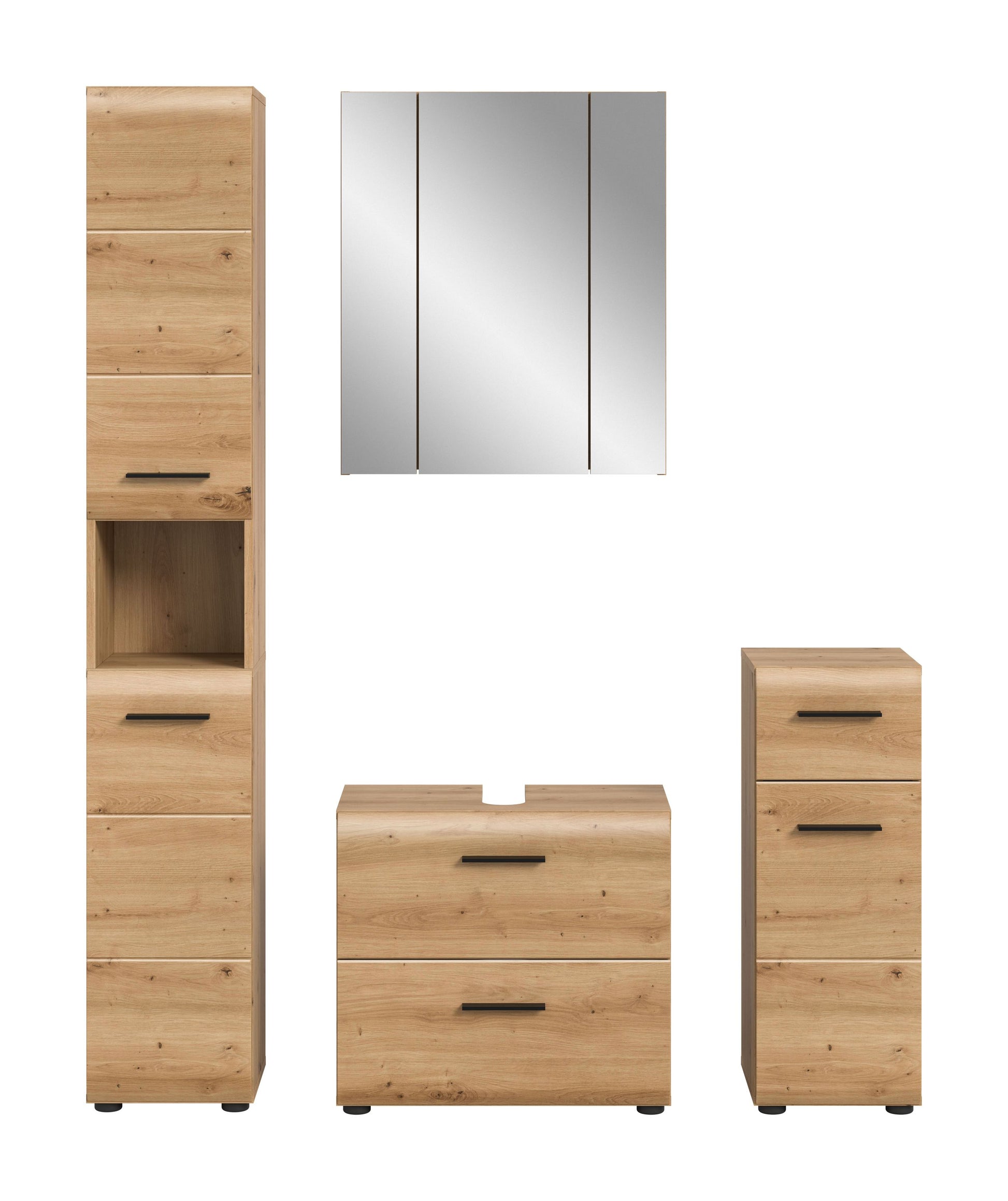 Badmöbel-Set 4-tlg. in heller Holzoptik: Spiegelschrank, Hochschrank und Unterschränke
