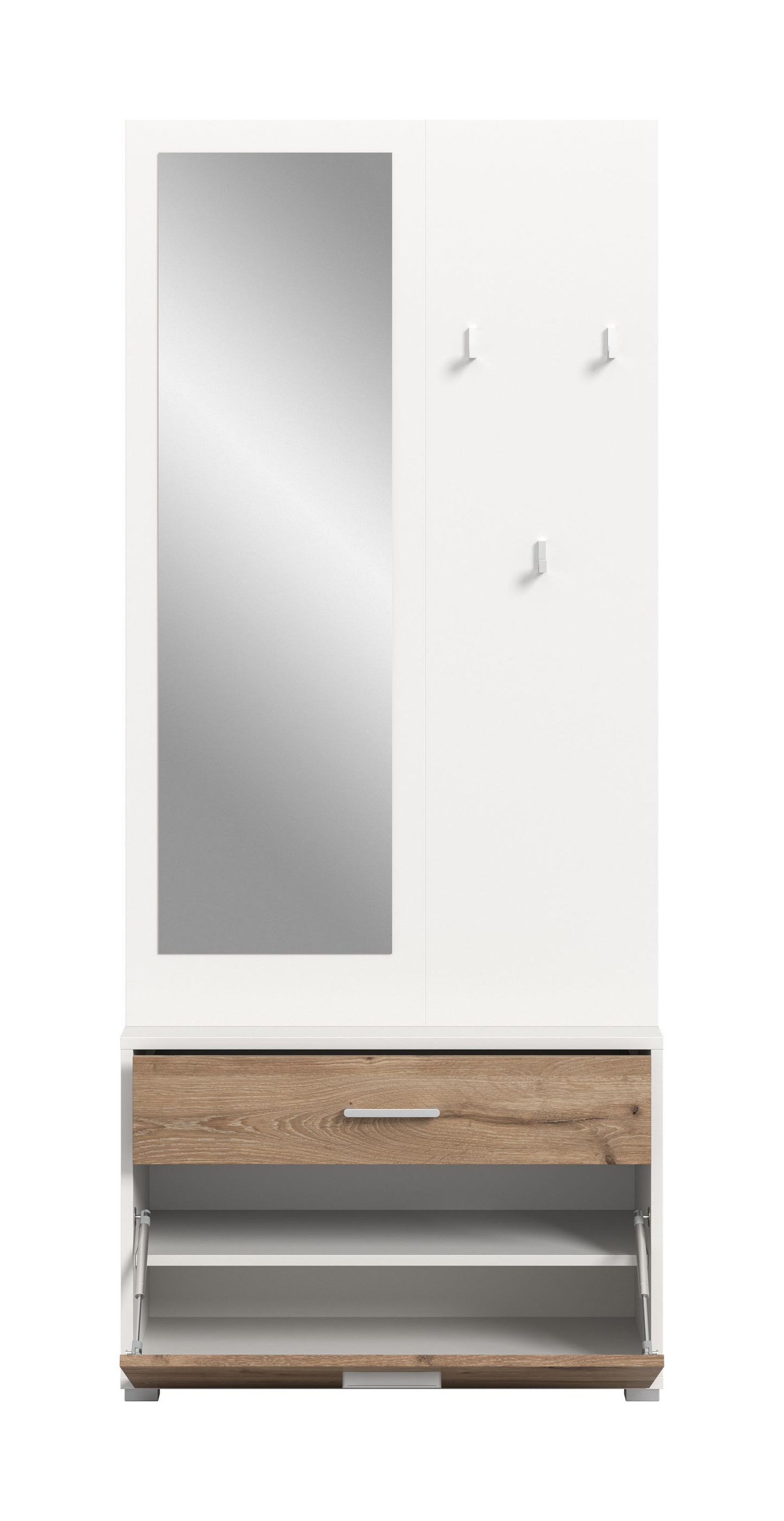 Weiße Garderobe mit Spiegel, Haken und geöffneter Schublade mit Innenfach