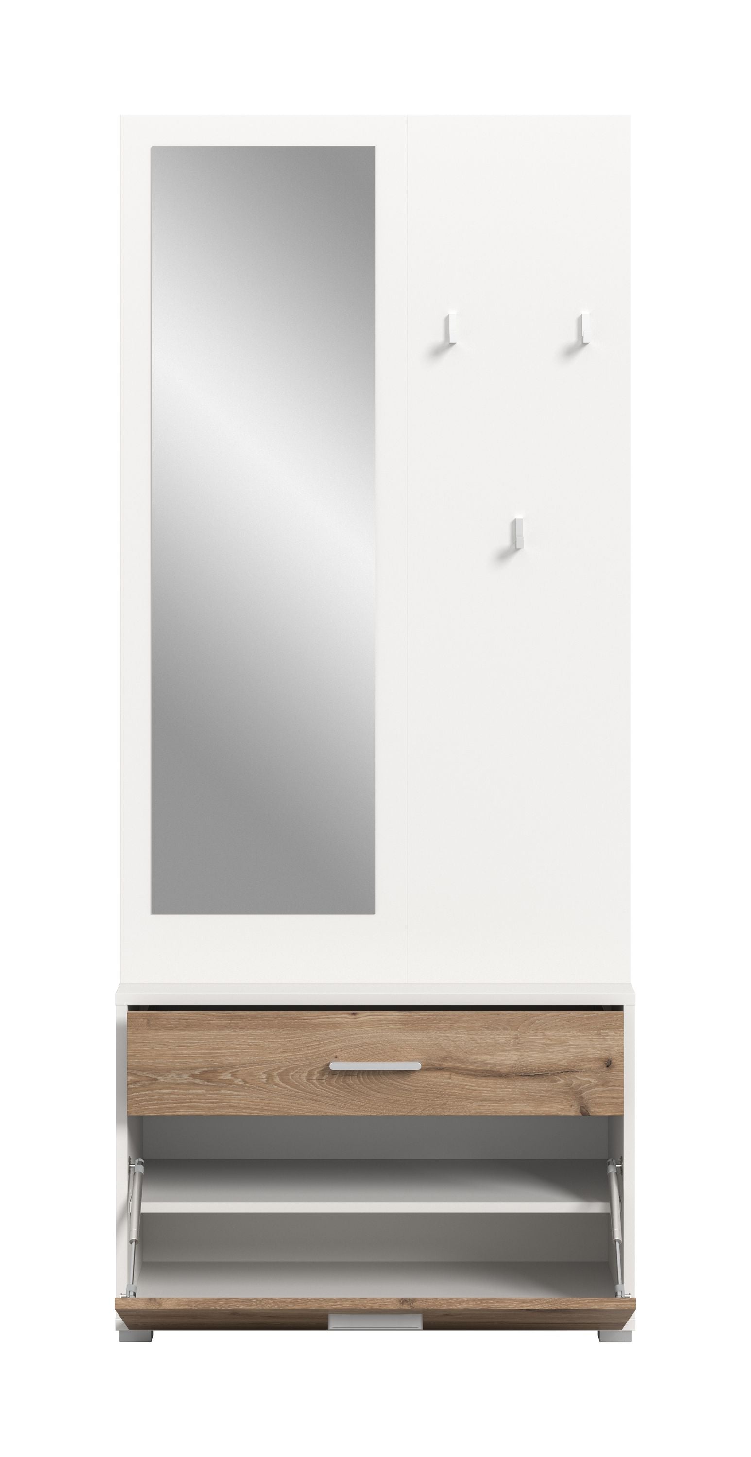 Weiße Garderobe mit Spiegel, Haken und geöffneter Schublade mit Innenfach