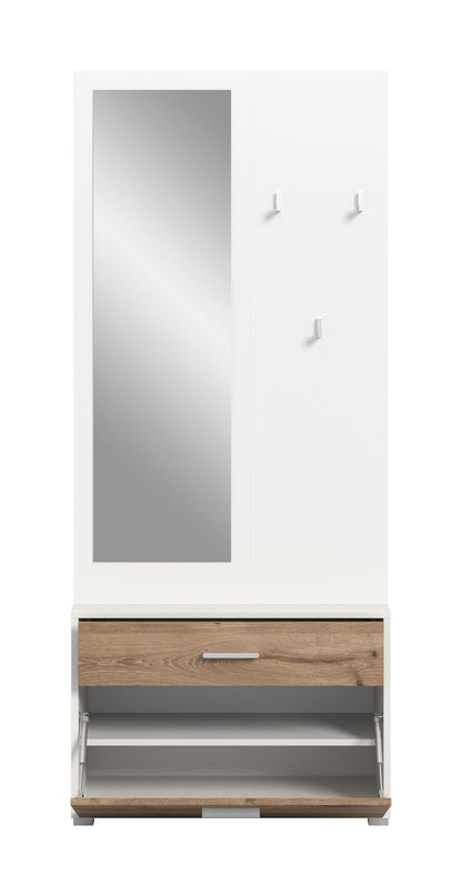 Weiße Garderobe mit Spiegel, Haken und geöffneter Schublade mit Innenfach