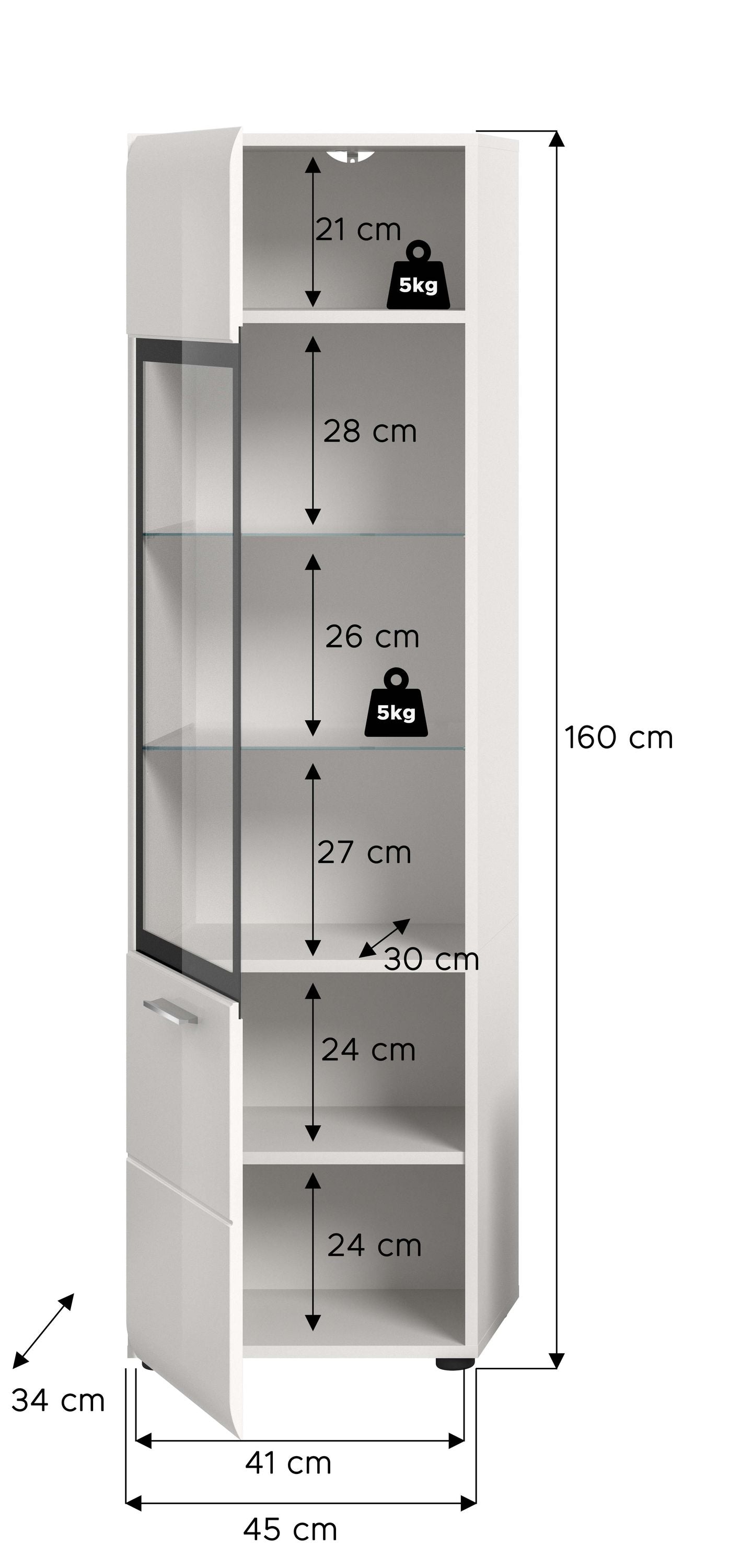 Vitrine ICE (L/H/P : env. 45/160/34 cm) en blanc/blanc brillant