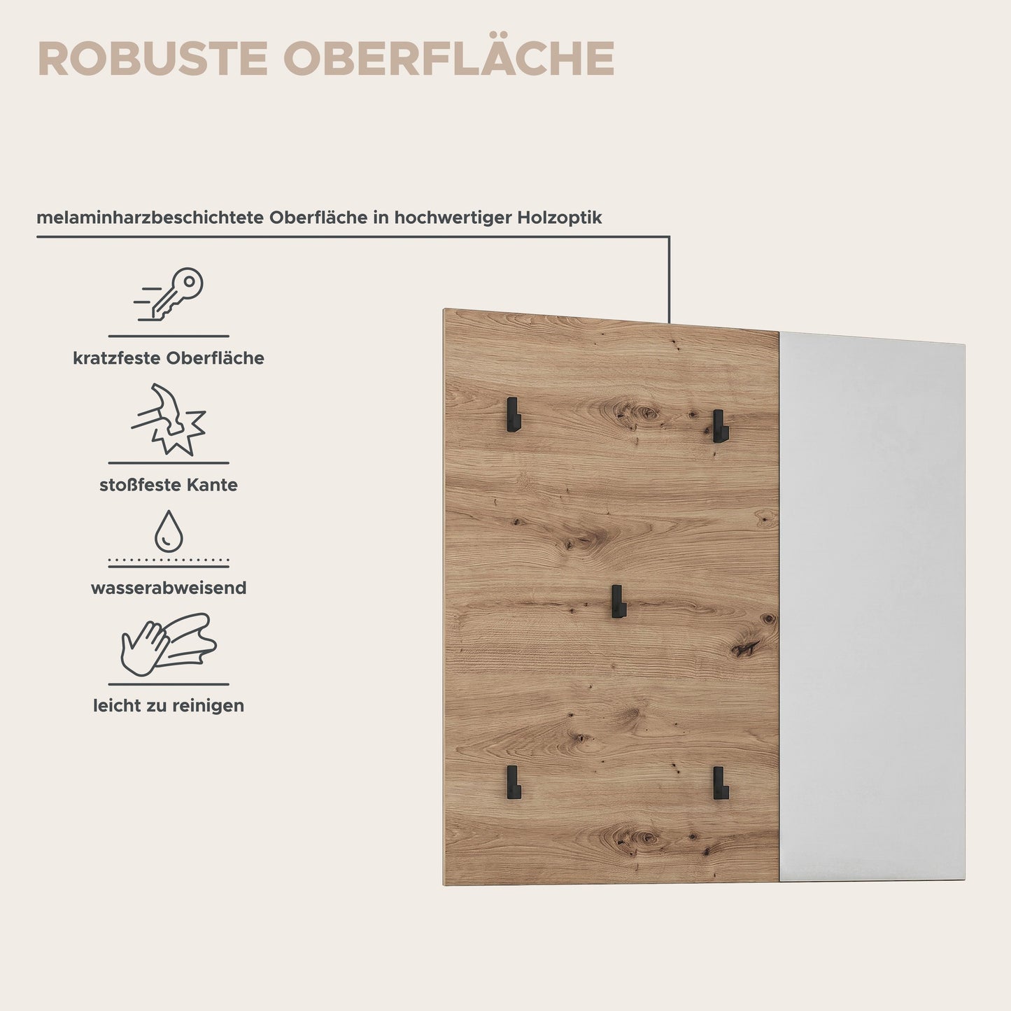 Keno Garderobenpaneel (B/H/T: 80x80x6 cm) in Spiegelglas / Artisan Eiche Nachbildung und Artisan Eiche Nachbildung