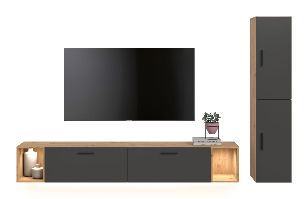TV-Möbel-Set: Lowboard mit zwei Frontklappen, brauner Korpus, hohe Vitrine rechts