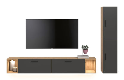 TV-Möbel-Set: Lowboard mit zwei Frontklappen, brauner Korpus, hohe Vitrine rechts