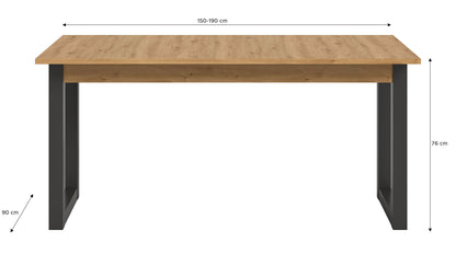 Ausziehbarer Esstisch Eiche Artisan, 150–190 cm, schwarze Metallgestell-Seiten