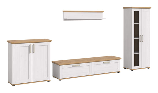 Wohnwandset: Lowboard, Sideboard und Hochschrank mit Aufsatzregal, weiß und Holzoptik