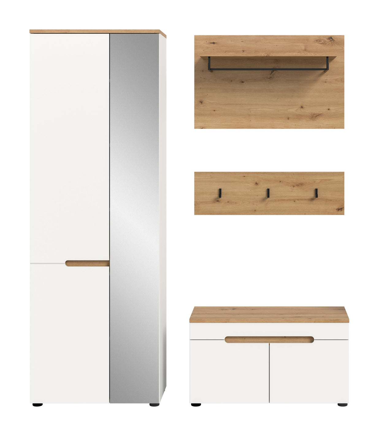 Garderobenschrank und Sitzbank: weiß mit heller Holzplatte und Hakenleiste