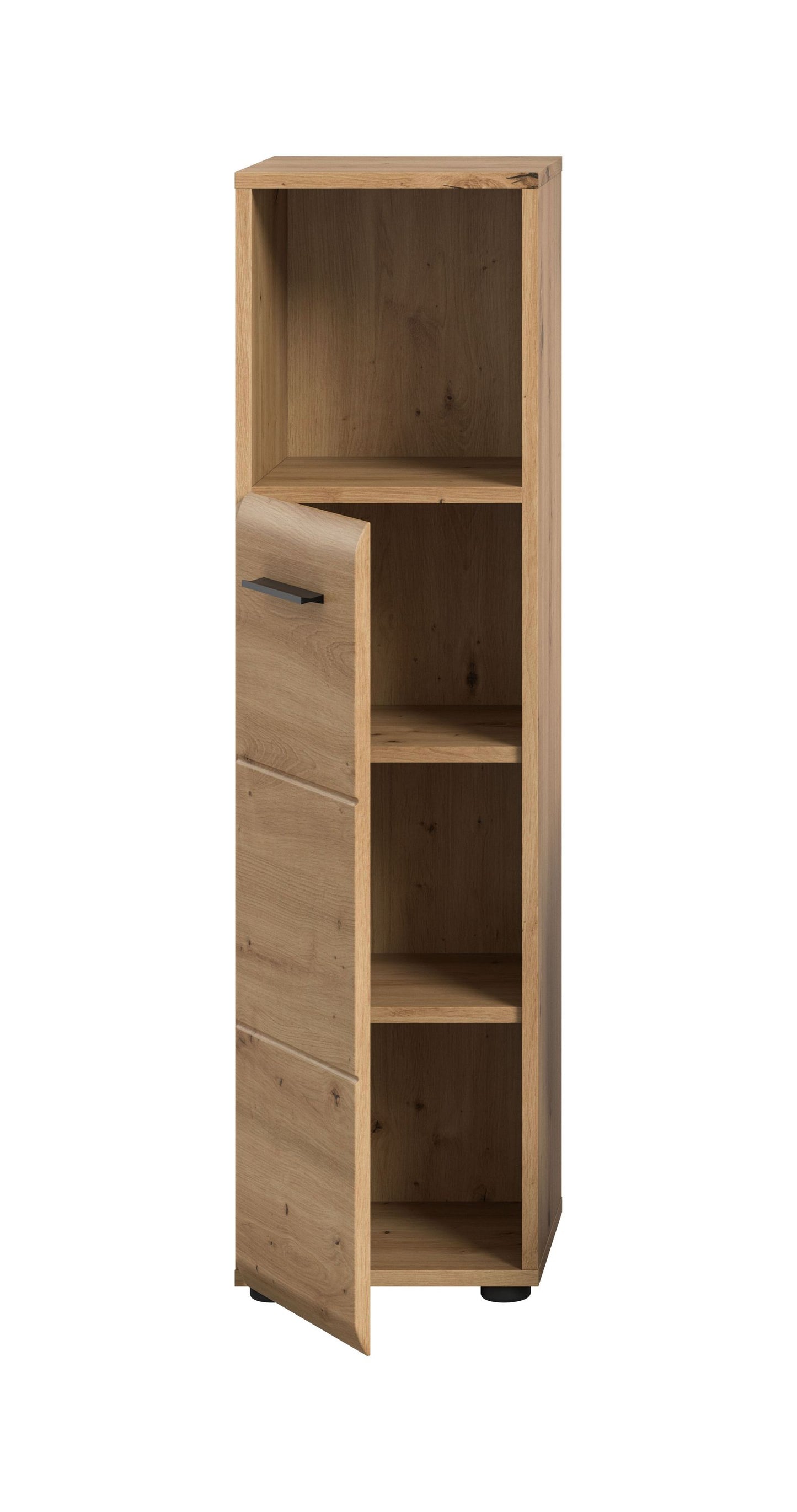 Schmaler Badezimmerschrank aus hellem Holz mit mehreren offenen Fächern und seitlichem Griff