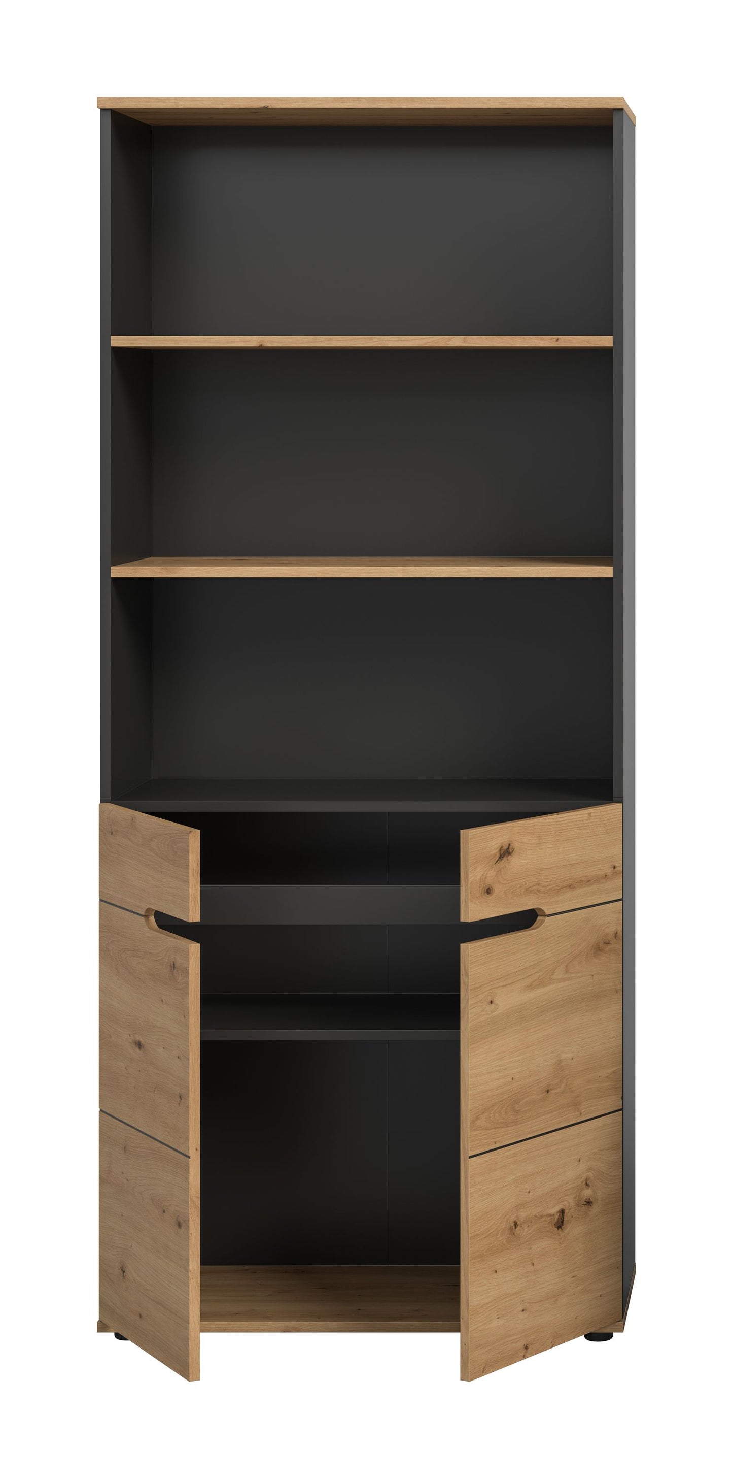 Aktenschrank mit Regal, anthrazitfarbenes Innenfach und Holzoptik-Seitenteilen unten