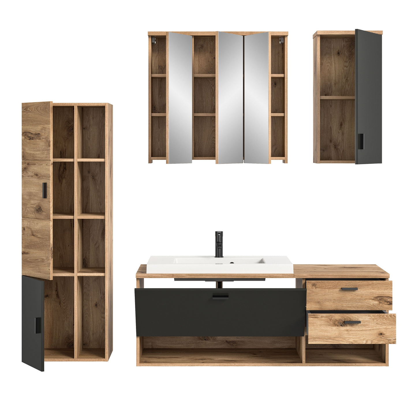 Badmöbelkomplettset Homes & Jones: Hänge-Spiegelschrank mit 3 Türen, Waschtisch und Regal-Säule