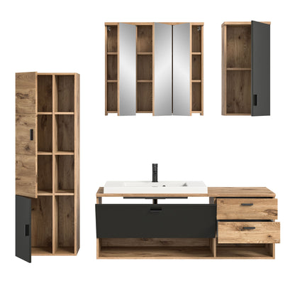 Badmöbelkomplettset Homes & Jones: Hänge-Spiegelschrank mit 3 Türen, Waschtisch und Regal-Säule